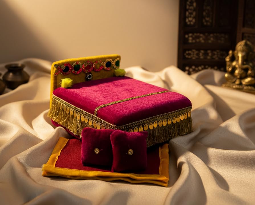 Image of RD Handicraft Thakur ji Bed, Laddu Gopal ji Bed, Bal Gopal ji Bed with Blanket Silk All Purpose Bed |Multi (17x16x10 cm)