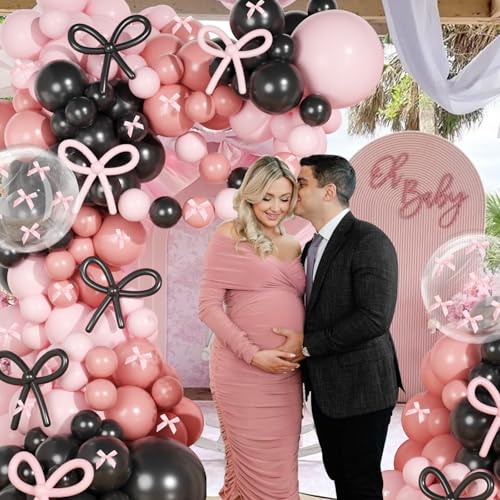 Image of Pink and Black Bow Balloon Arch Kit, JOGAMS 199Pcs Pink and Black Birthday Decorations with 260 Clear Balloons Ribbon Bow for Coquette Bow Theme Birthday Bachelorette Baby Shower Bridal Shower Wedding
