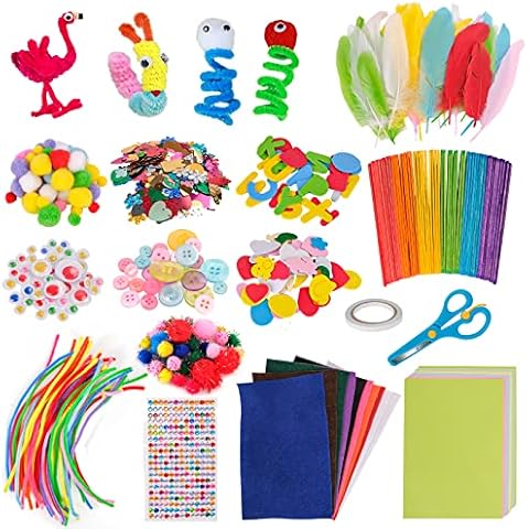 Bastelset, DIY Basteln Bastelkoffer, Scrapbooking Bastelset Pfeifenreiniger, Pompons, Kulleraugen, Federn, Pailletten, Bastelkoffer für 4 bis 12 Jahre Mädchen und Jungen, 1000+Pcs Bastelzubehör Cover