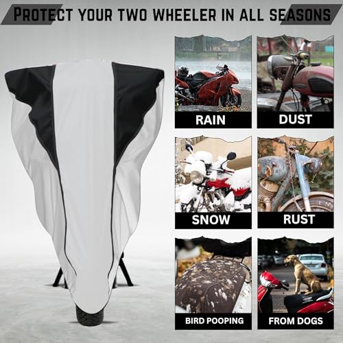 Image of Taffeta Bike Cover Premium Waterproof, Dustproof & UV Protected Two-Wheeler Body Shield | Heavy-Duty, All-Weather Protection | Universal Fit for Motorcycles & Scooters (Silver Top Black Kally)