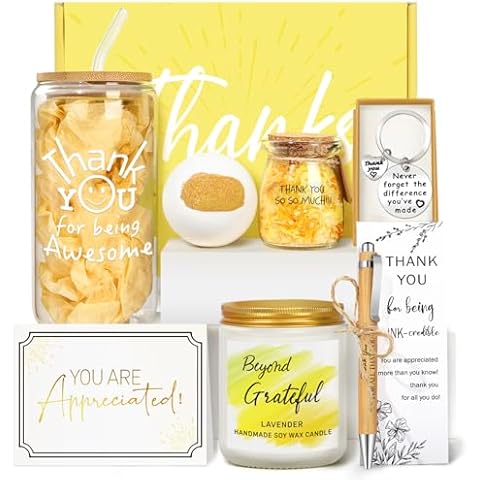 Thank You Gifts for Women, 7PCS Employee Appreciation Gifts Baskets for Women, Thank You Appreciation Gifts for Coworkers Teacher Principal Boss Secretary Nurse - Spa Gratitude Glass Cup Gift Box Cover