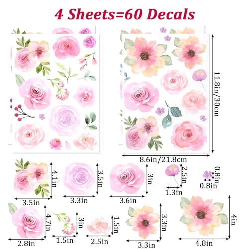 COMNICO 60pcs Pink Flower Wall Sticker Watercolor PVC Peel and Stick Wall Decals Cute Peony Floral and Leaves Pastel Flower Decor for Kids Bedroom Living Room Baby Nursery Kindergarten - Image 2