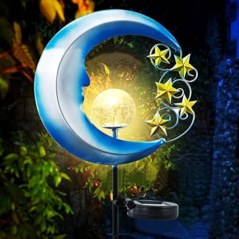 Outdoor Solar Garden Light,Waterproof LED Landscape Lighting Blue Moon Decorative Lights Sun Moon Stars Lawn Decorative Metal Hollow Solar Garden Lights for Patio Backyard Pathway Cover