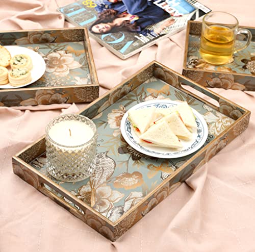 Image of DULI Set of 3 MDF Wood Enamel Coated Multipurpose Trays| Serving Tray for Home & Dining Table (16x10x2, 14x8x2, 12x6x2 Inches) (Setof3Nonwp- GreyGoldBirds)
