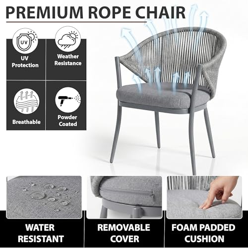 Image of BRISHI Garden Patio Seating Chair and Table Set Outdoor Balcony Garden Coffee Table Set Furniture with 1 Table and 2 Chairs Set with Cushion Braid & Rope (Gray)