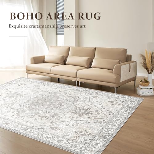 Boho Area Rug 6x9 Washable Large Vintage Rug for Living Room Bedroom Office Kitchen Entrance Dining Room Non Slip Soft Low-Pile Farmhouse, Beige/Multi