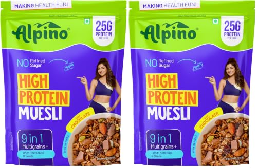 Image of Alpino High Protein Muesli Dark Chocolate, 25g Protein per 100g, No Refined Sugar, 9-in-1 Multigrains Breakfast Cereal with Nuts, Seeds & Dry Fruits, High Fibre Healthy Breakfast, 750g (Pack of 2)
