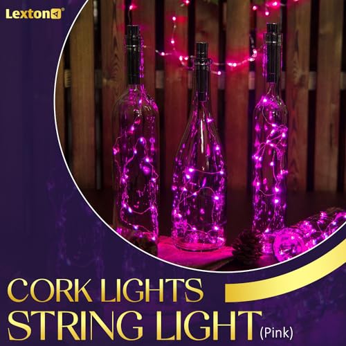 Image of Lexton Cork Light | Bottle Light | Copper String Light | Cork String Light for Room Decor, Birthdays, Party, Diwali (Pink Color Pack of 2) Includes Additional 3 Button Cells for Extended Use