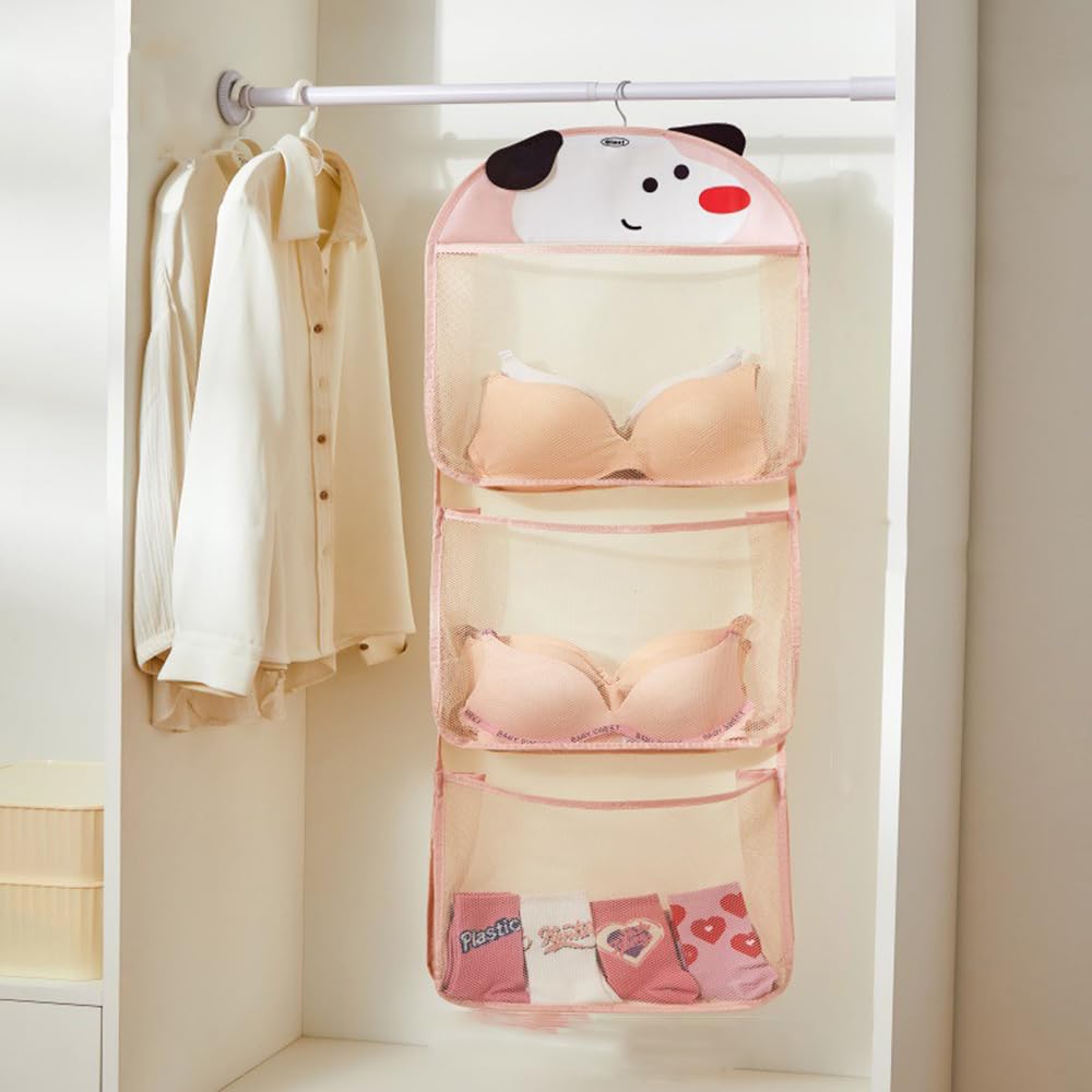 FANDIGUO Multi Purpose Multi Layer Mesh Storage Hanging Holder, 3 Layers Storage Organizer Bag for Underwear, Socks, Toys, Space Saving Pockets Hang Store Bag for Door Wall Closet(Dog)