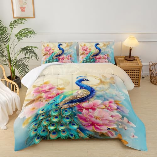 Image of Peacock Comforter Set Queen Size,Floral Peacock Bedding Comforter Set for Boys Girls,Animals Bird Flower Feather Print Blue Gold Bedding Set, Rainbow Gradient Watercolor Decor