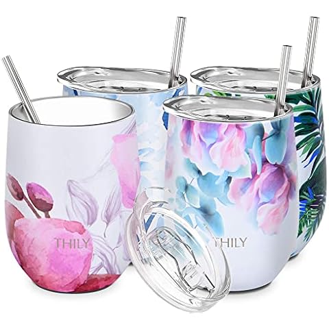THILY Stiellose Weinbecher aus Edelstahl 4er Pack vakuumisolierte Reise-Weingläser Cover