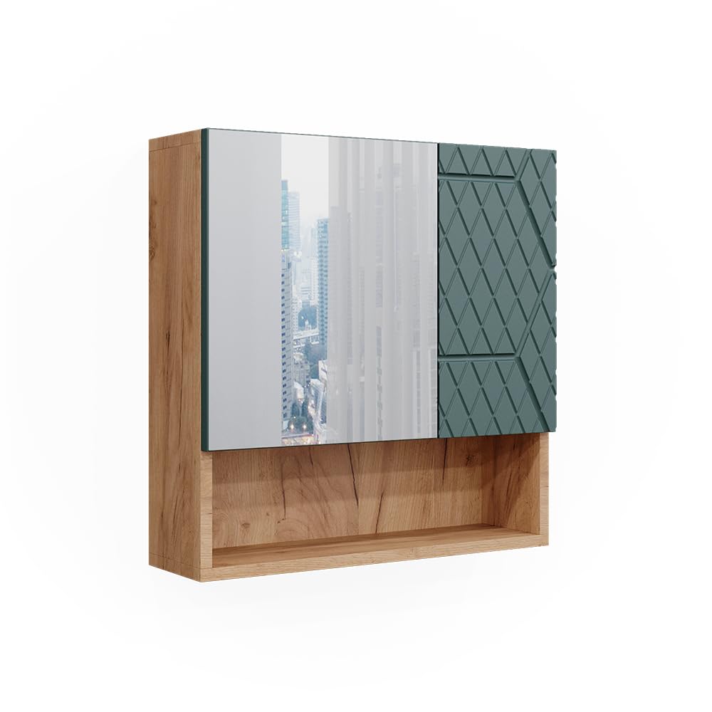 Vicco Badspiegelschrank Irma – Badspiegel mit Ablage, 54 x 55 cm, Goldkraft Eiche/Grün