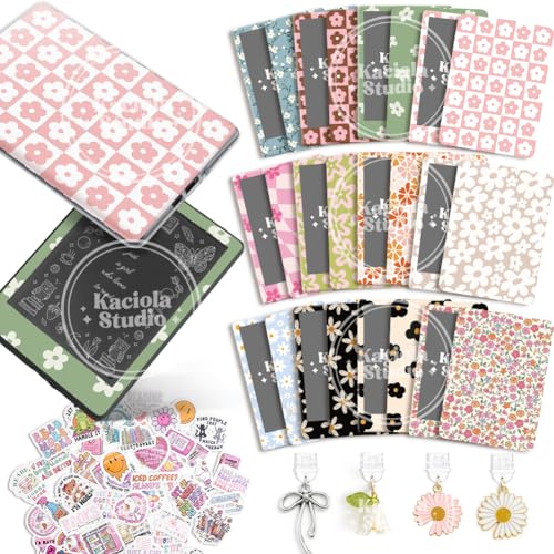 Image of KACIOLA STUDIO 24PCS Simple Flower Skin Set for E-Reader, and 4PCS Type C Charms /50PCS Scrapbook Stickers for Clear Case, 6.9 inchx4.8 inch E-Reader Skin Front and Back Decal for Paper White 11th