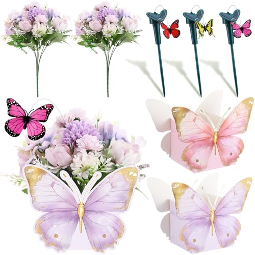 Kittmip 4 Set 16pcs Solar Powered Flying Butterfly Centerpieces Fluttering Summer Solar Butterfly Stakes Moving Tea Party Decorations Artificial Peonies Flower with Boxes for Wedding Spring(Classic)