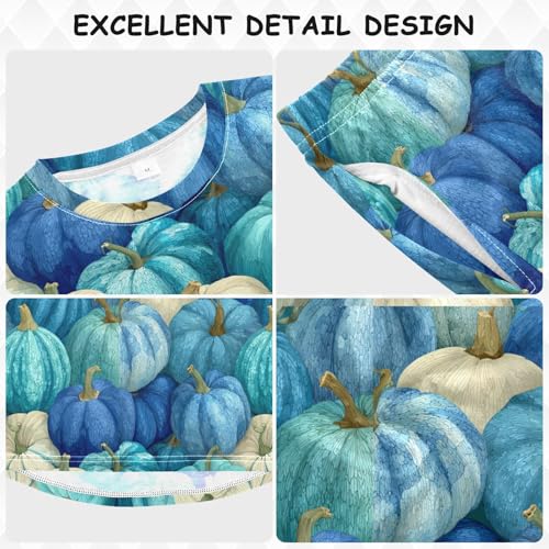 Blue Teal Pumpkins Autumn Soft Pajama Set for All Seasons,Breathable Pjs Long Sleeve Sleepwear,Comfy Loungewear 2 Piece Underwear Set 8T3