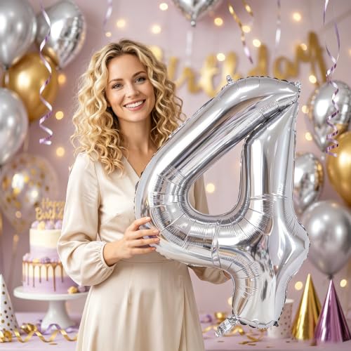 Image of Number Balloons Silver Party Balloon - Giant Number 4 Balloon, 40 Inch Large Balloon for Birthday Decorations, Silver Party Supplies for Anniversary