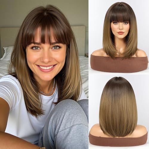 WOKESTAR Staright Wig with Fringe Synthetic Mid-length Layered Wigs for Women Ombre Brown Color, 22 inches