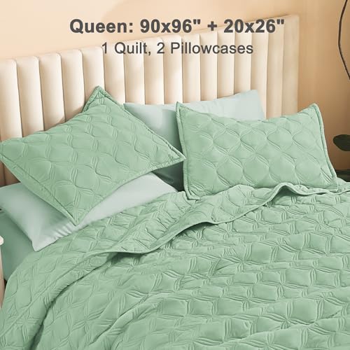 Image of Litanika Sage Green Quilts Queen Size Bedding Set - Full Lightweight Summer Comforter Bedspreads & Coverlets - Boho Farmhouse Bedding Cover Bed Decor All Season - 3 Pieces (1 Quilt, 2 Pillowcases)