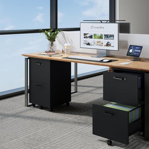 Image of 2 Drawer Filing Cabinet, Wood Rolling Filing Cabinets with Printer Stand, Under Desk Storage Lockable Wheels, Home Office Organizer for A4 Letter Legal Size Documents,Black