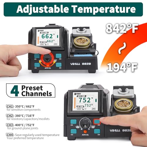 YIHUA 982D Precision Soldering Station with 3 C210 & 3 C245 Soldering Tips, Lead-Free Solder Wire, C210 & C245-Compatible Handpiece, AUTO Temp. Calibration, Sleep Mode, Full-Color Display.