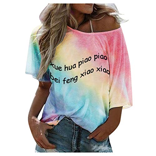 New CrazyFashion Women's Large Size Loose-Shouldered Tie-Dye Monogrammed Blouse xue Hua piao piao be...