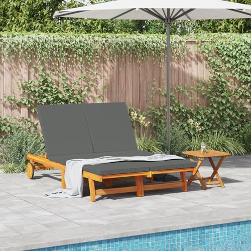 JHQHSM Tumbona doble ajustable con ruedas y cojín de madera maciza de acacia, tumbona de jardín resistente a la intemperie con cojines extraíbles y superficie tratada al aceite, perfecta