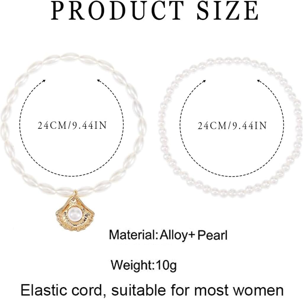 Boho Pearl Anklets for Women - 2Pcs Pearl Anklet Beaded Layered Ankles Bracelets Shell Pendant Elastic Foot Chain Shell Anklets for Women Fashion Jewelry - Image 4