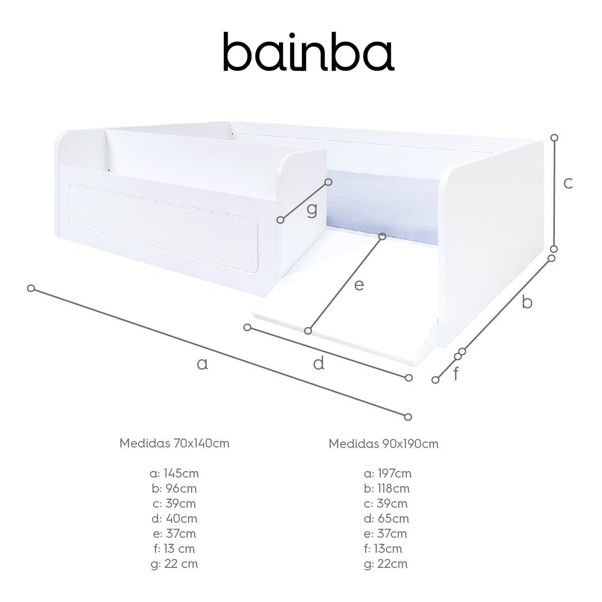 Bainba - Cama Montessori Blanca con Almacenaje y Rampa - 70x140cm