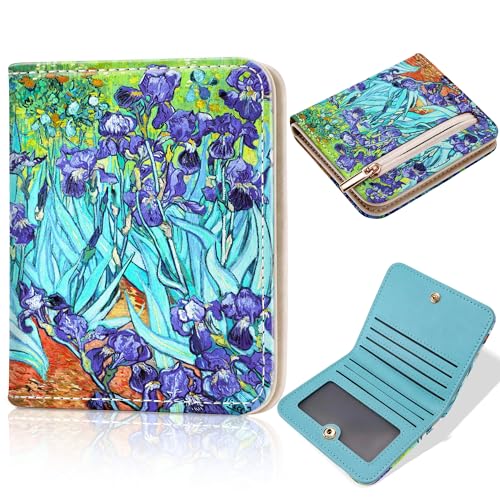 Image of Toughergun Irises Flower Floral RFID Small Wallet Women, Slim Thin Vegan Leather Bifold Wallet with Zipper Coin Pocket & ID Window, Cute Mini Travel Credit Card Holder Gift for Women Ladies Teen Girls