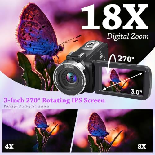 Image of 4K HD 80MP Camcorder Video Camera Vlogging Camera for YouTube | IR Night Vision 18X Digital Zoom 3.0 IPS Screen Video Recorder with 32GB SD Card, 2 Batteries, Remote Control, and Stabilizer