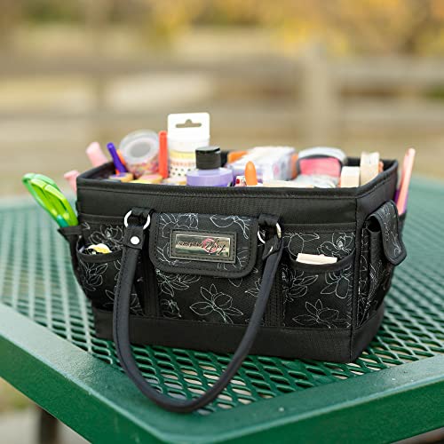 Image of Everything Mary Deluxe Store & Tote Organizer - Black & White Floral Craft Bag with Handle - Collapsible Storage for Scrapbooking, Sewing, DIY Tools & Art Supplies