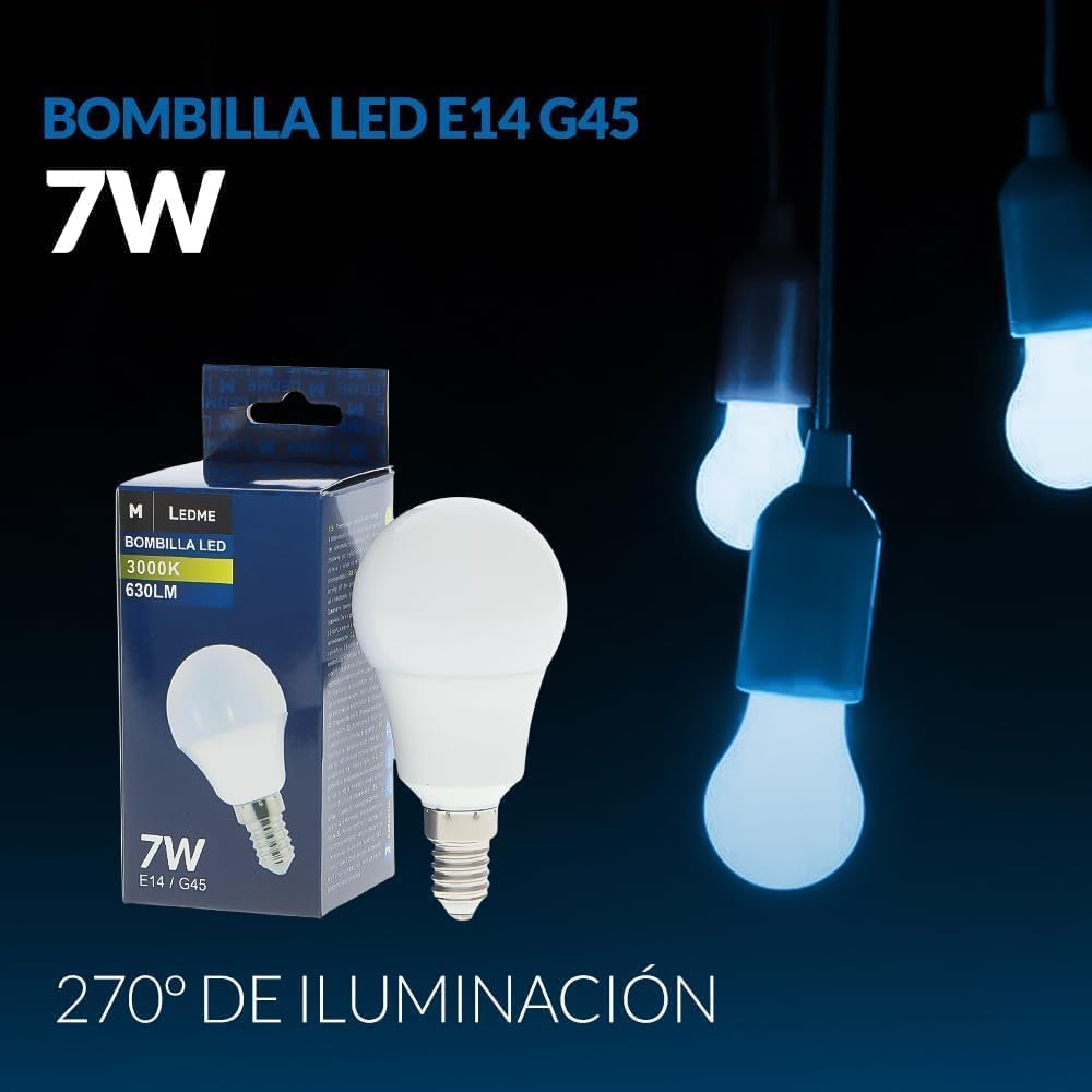 M Ledme - Pack 6, Bombilla Led E14 G45 7W, Luz neutra (4000k), casquillo E14, 630 Lumen, IP20, Apertura del Haz de Luz 200°, Eficiencia energética y Bajo Consumo. LM7607