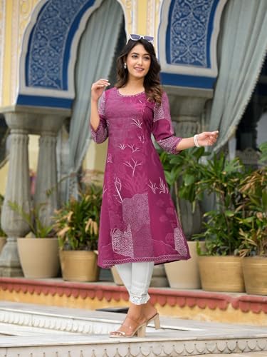 Image of Juniper Wine Beautiful Printed Liva Rayon A-Lined Kurta for Women