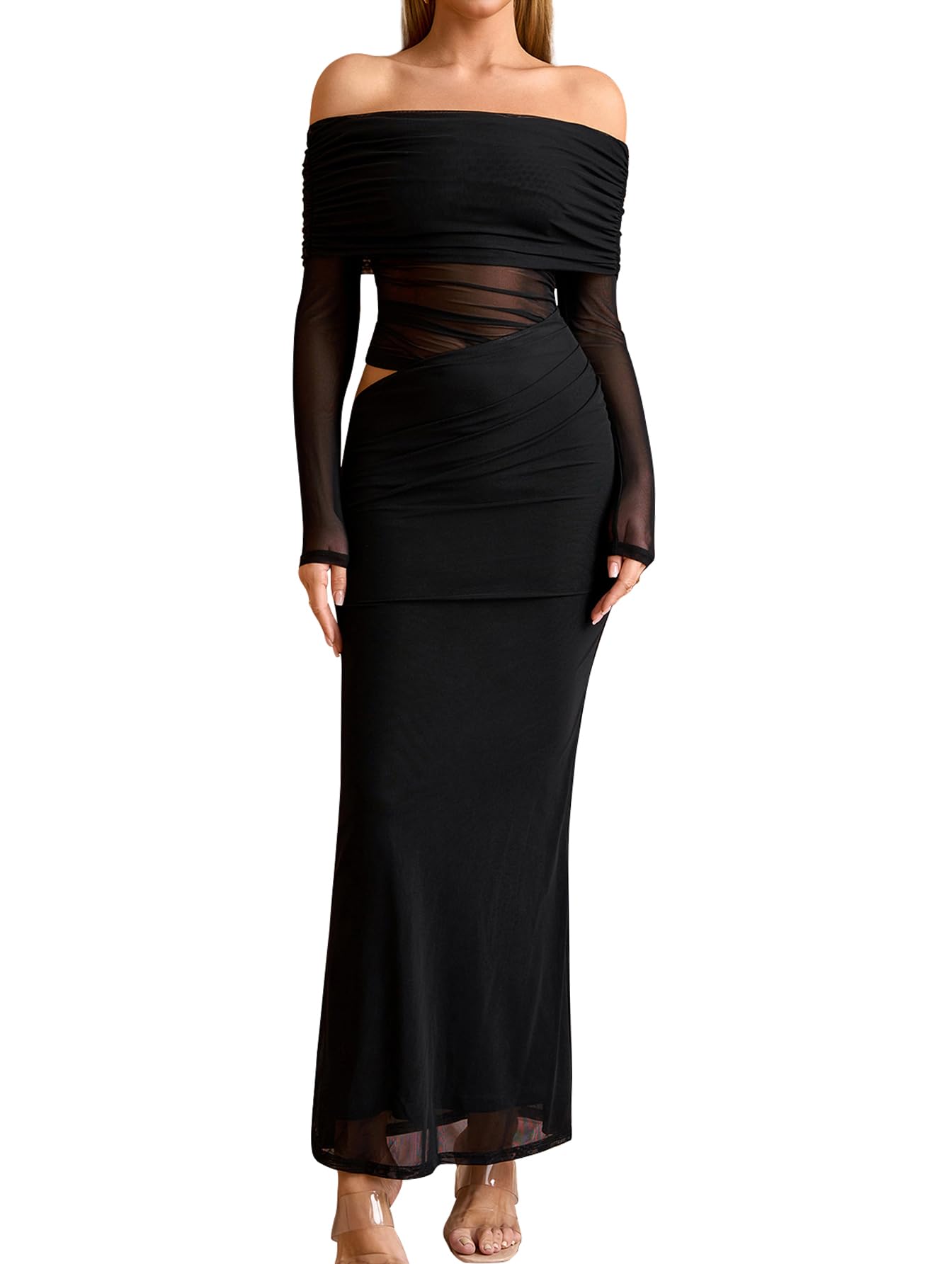 KUTUMAI Women Off Shoulder Long Sleeve Maxi Dress Cutout Mesh Ruched Bodycon Formal Wedding Guest Dresses