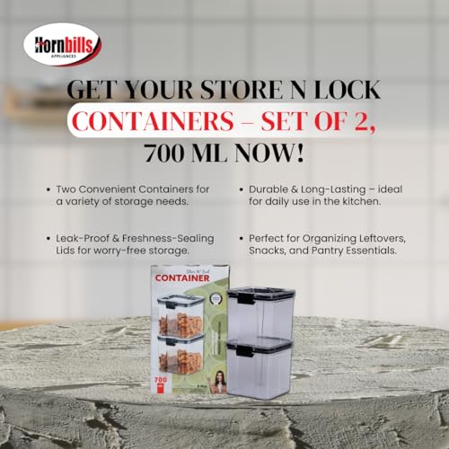Image of HORNBILLS Seal & Lock Airtight Food Storage Containers Set - 700ml (Pack of 2) | Kitchen Organizing Accessories | Leakproof, BPA Free & Food Grade Material Plastic Boxes For Kitchen & Fridge Organizer