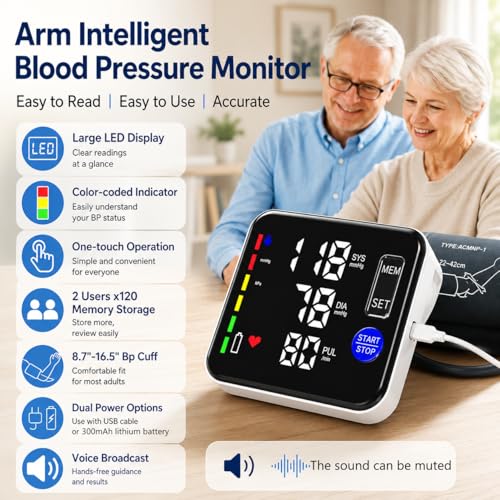 Image of GUAEVER Blood Pressure Monitor Rechargeable Upper Arm Blood Pressure Monitors for Home Use Large Screen Bp Machine with 8.7 inch-16.5 inch Bp Cuff, 2x120 Memory, Voice Broadcast Bp Monitor (Black)