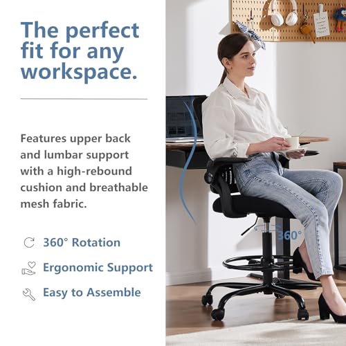 Image of DUMOS Drafting Chair with Flip-up Arms, Tall Office Standing Desk Chair with 360 Swivel Rolling Wheels, Counter Height Adjustable, High Ergonomic Mesh Computer Chairs, Ink