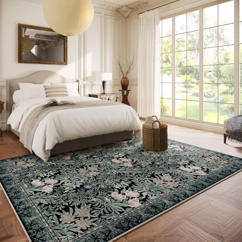 Image of Washable Area Rugs 6x9 Black Green Vintage Floral Botanical Pattern,Perfect for Living Room, Bedroom, Kids Room, Nursery - Stain & Water Resistant Non-Slip, Pet & Child Friendly /Bedroom Decor