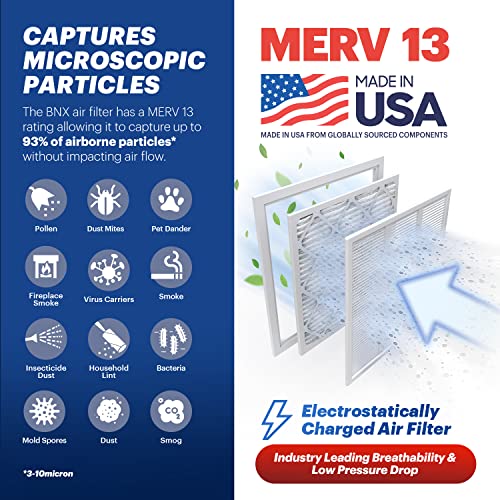 Image of BNX TruFilter 12x12x1 Air Filter MERV 13 (6-Pack) - MADE IN USA - Electrostatic Pleated Air Conditioner HVAC AC Furnace Filters for Allergies, Pollen, Mold, Bacteria, Smoke, Allergen, MPR 1900 FPR 10