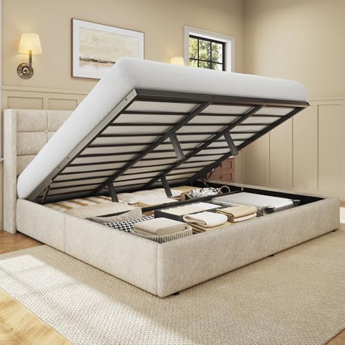 Image of HISOFT King Size Lift Up Storage Bed Frame, Linen Upholstered Platform Bed with Wingback Headboard, Heavy Duty Hydraulic Gas Lift Underbed Space, Reinforced Full Metal Slats, Noise Free, Beige