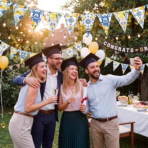 Image of Faccito 5 Pcs Blue Tiles Lemon Pennant Banners Amalfi Coast Party Decorations Italian Theme Blue Tiles Yellow Lemon Triangle Flags Summer Lemonade Decor for Wedding Bridal Shower Birthday Supplies