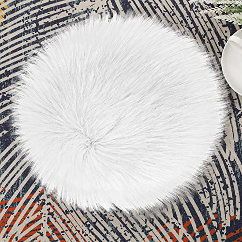 Molain 25 cm Small Rugs Fluffy Faux Fur Chair Pad Cover Rug Fuzzy Cushion Photography Props Background Nail Mat Carpet for Home Living Room Sofa Bedroom Floor (White Round)