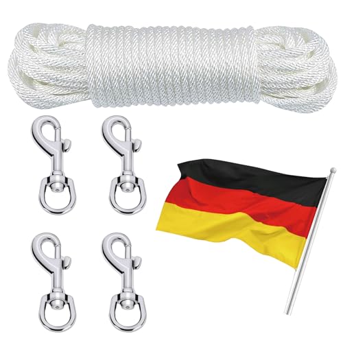 YUESIKJ 20M Fahnenmast Seil Wetterfest mit 4 Karabinerhaken Nylon Fahnenseil Hochwertiges Flaggenseil Fahnenmast Zubehör mit 4 Karabinerhaken Flag Rope für Außenbereich (Weiß)