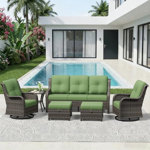 Image of 6 Piece Outdoor Wicker Patio Furniture Set, Outdoor Swivel Rocker Patio Chairs Set with Thickened Olefin Cushions, High Back and Deep Seating, Hand-Woven PE Rattan for Porch, Deck