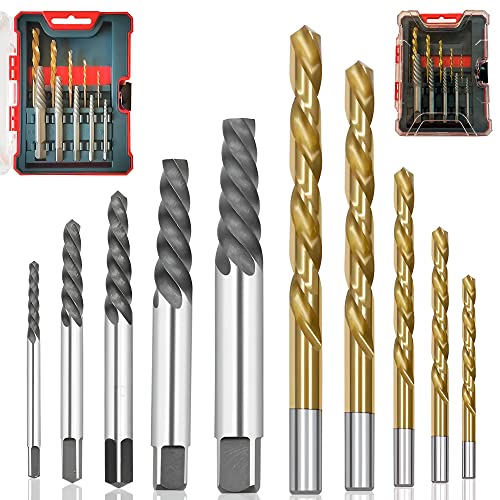 Extractor de tornillos rotos, Juego de extractores de tornillos de alta calidad y 5 Brocas para metal (HSS), sacar tornillos antirrobo, tuercas, pernos, y esparragos dañados, saca tornillos rotos.