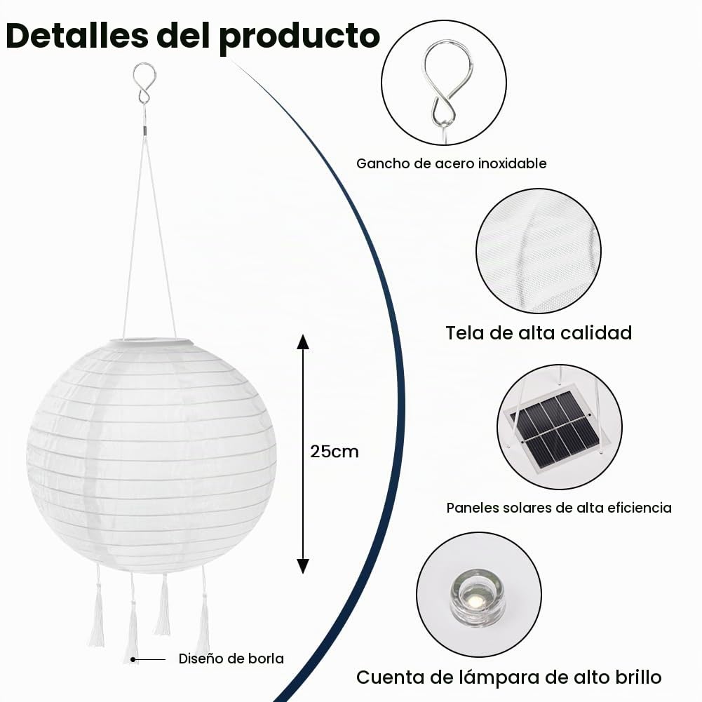 HOTUT Farolillos Solares Exterior, 2 Piezas 25cm Farolas Solares Exterior Colgantes Blanco Calido, Luces LED Jardin de Nailon, Impermeable Luces Decoración para Acampar, Jardín, Terraza, Porch, Bodas