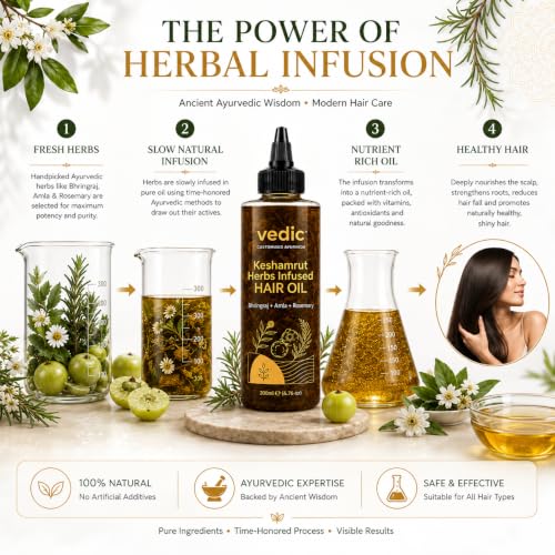Image of Vedic Keshamrut Herbal Hair Oil with Bhringraj, Amla & Rosemary | Scalp & Hair Nourishing Oil for Regular Oiling & Conditioning | Men & Women | 200 ml