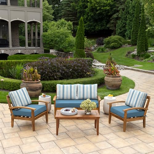 Image of Arden Outdoor Loveseat Cushion Set, 48 x 24, Water Repellent, Fade Resistant, Cushion Set for Couch, Bench, and Swing, French Blue Linen Stripe