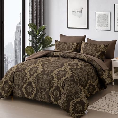 Wongs Bedding Damask Comforter Set King Size, Coffee Gold Texture Design 7 Pcs Bed In A Bag Microfiber Comforter Bedding Sets -1 Comforter, 1 Flat Sheet, 1 Fitted Sheet thumb #1