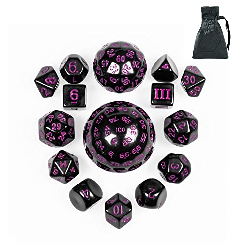 Poludie 15 Pieces Complete Polyhedral DND Dice Set D3-D100 Spherical D&D Dice Set with Dragon Eye Dice Bag, D100 Dice for Dungeons and Dragons, RPG Table Games(Black w/Purple Numbers)
